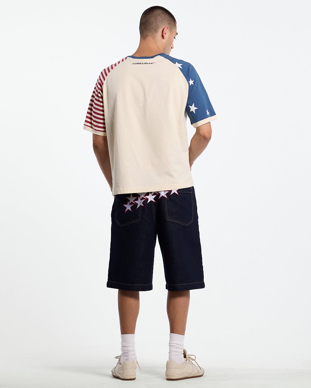 STARRY NIGHT TEE WHITE - white american flag tee, back view on male model - Cold Culture #man