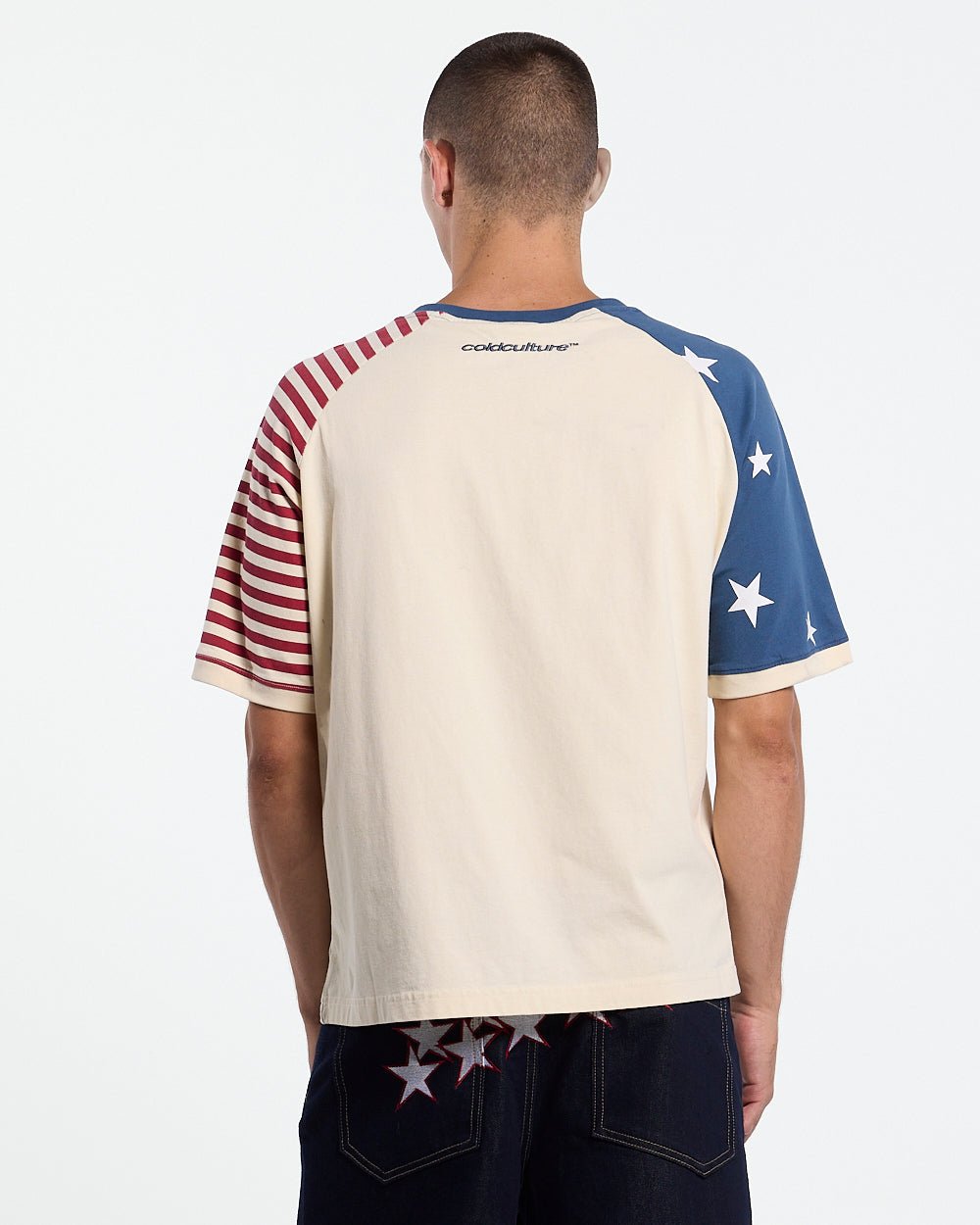 STARRY NIGHT TEE WHITE - white american flag tee, back view on male model - Cold Culture #man