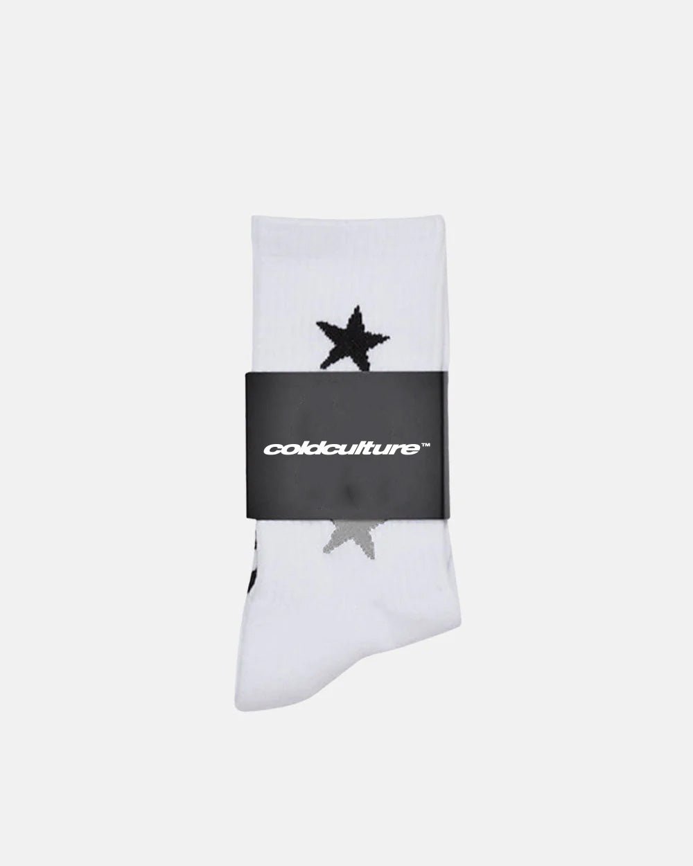 STARRY SOCKS GREY SCALE - white star print crew socks, flat lay - Cold Culture #packshot