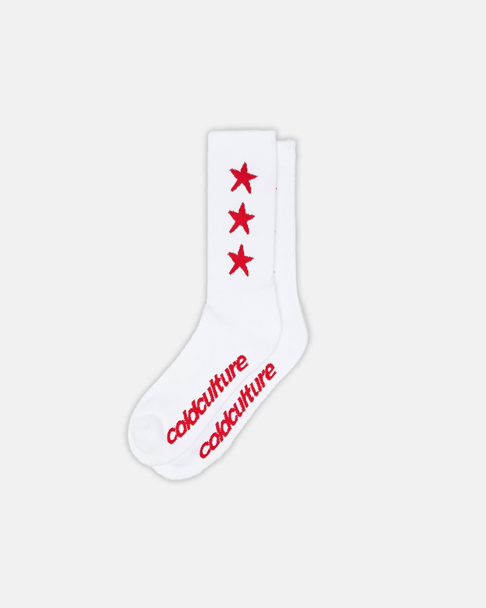 STARRY SOCKS RED/WHITE - white star print crew socks, flat lay - Cold Culture #packshot