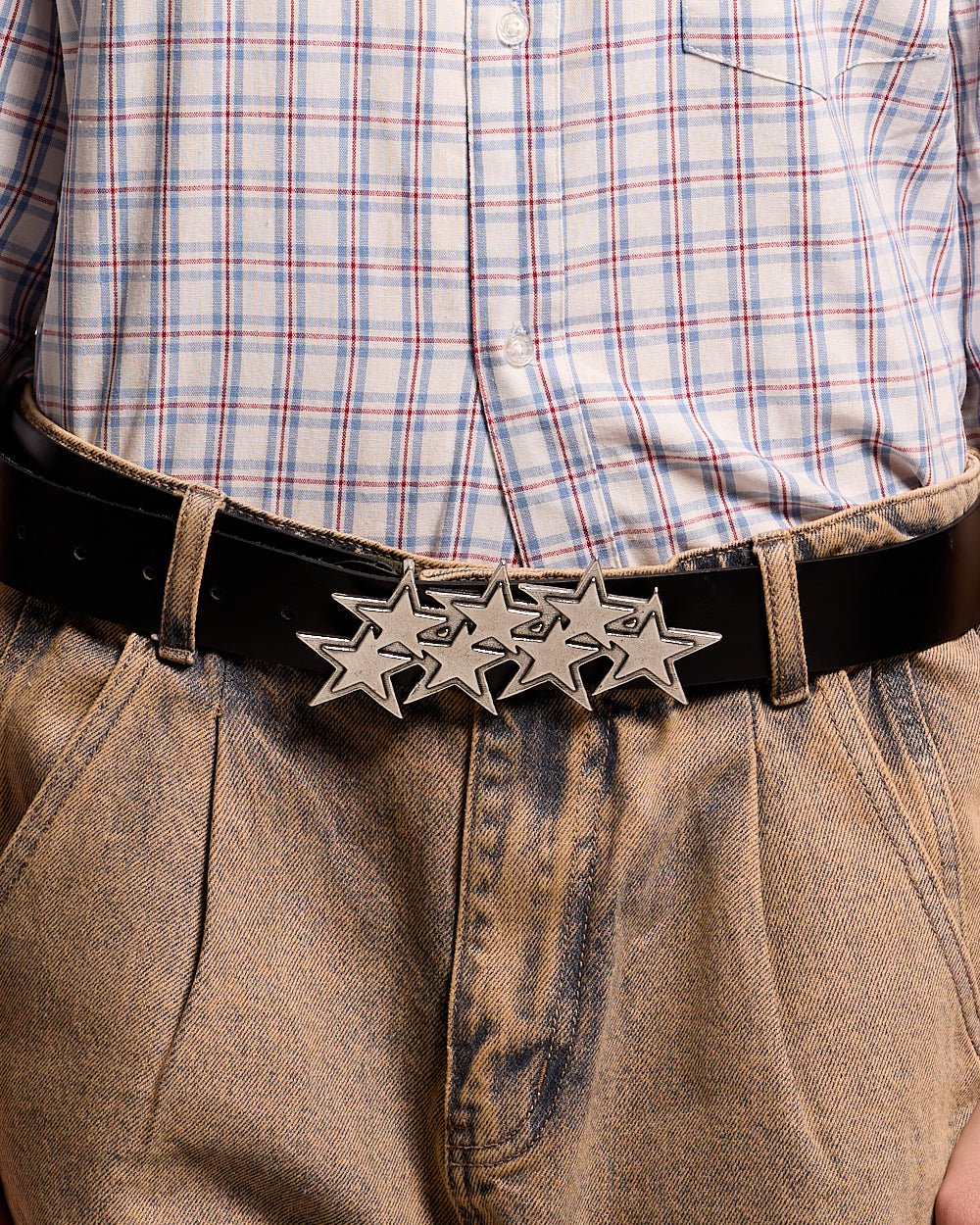 STARS LEATHER BELT BLACK - black leather star buckle belt, worn detail - Cold Culture