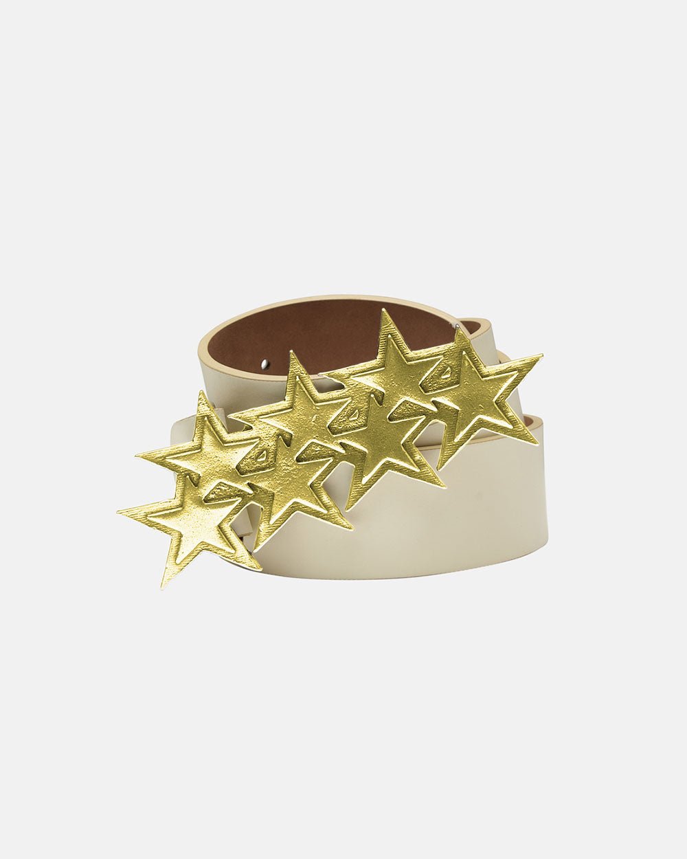 STARS LEATHER BELT CREAM - cream star buckle leather belt, front view - Cold Culture #packshot