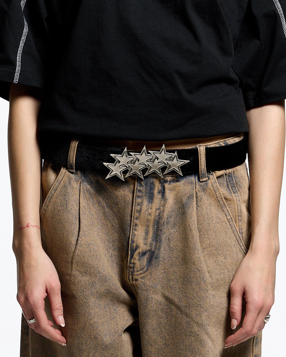 STARS LEATHER BELT FUR LINED - black fur-lined leather belt, worn detail - Cold Culture
