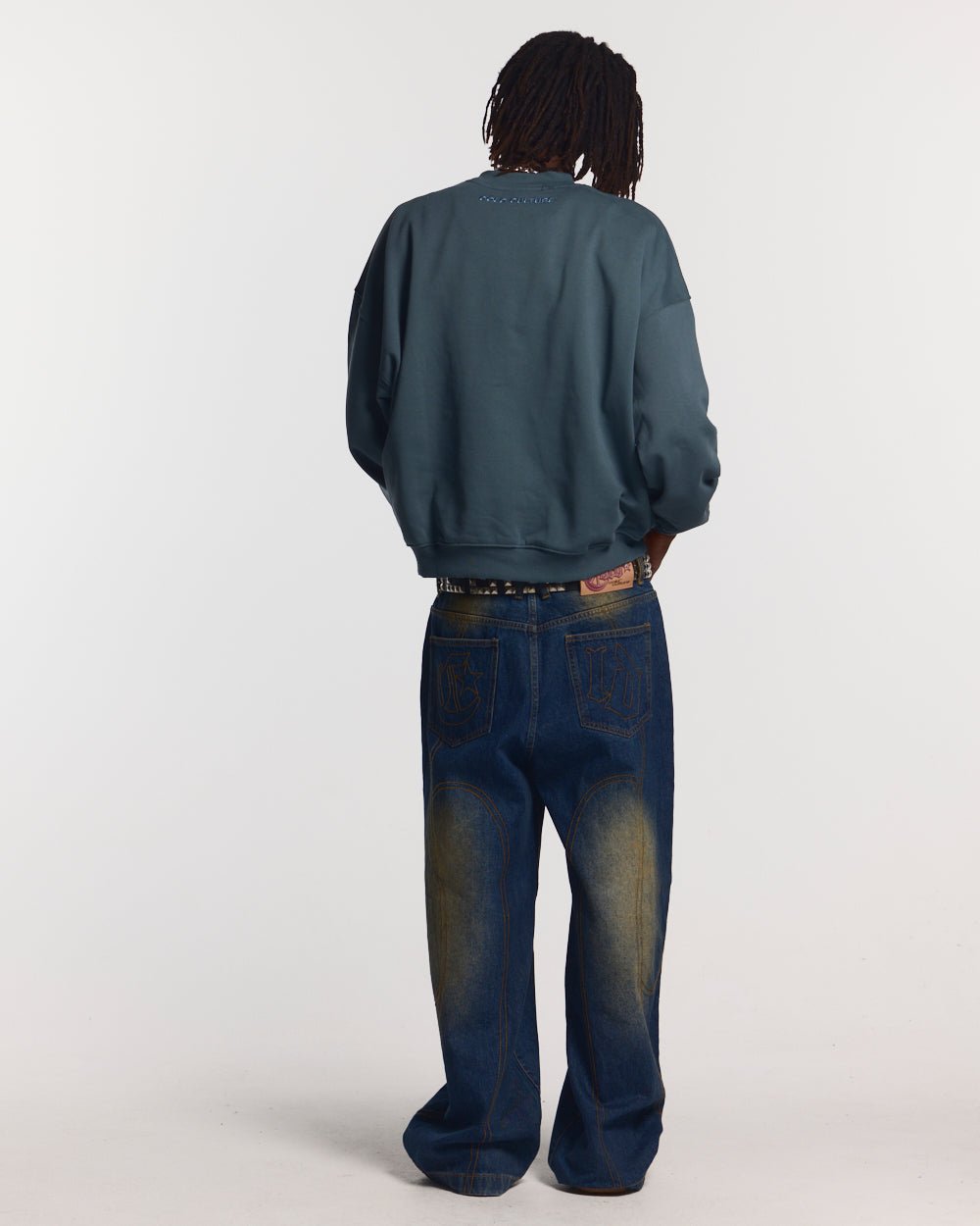 STARS CREWNECK SLATE BLUE - slate blue oversized crewneck sweatshirt, back view on male model - Cold Culture #man