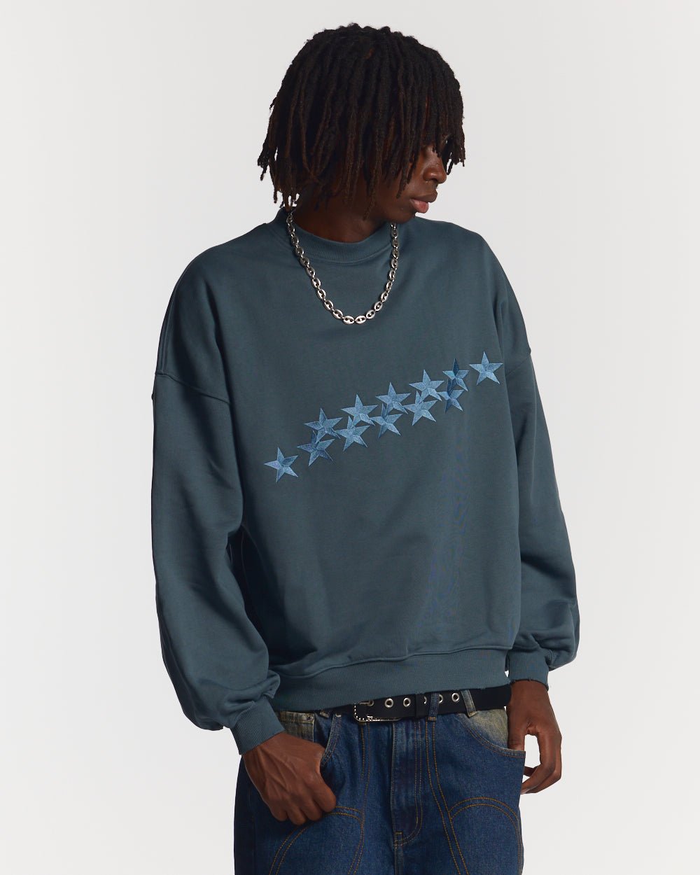 STARS CREWNECK SLATE BLUE - slate blue oversized crewneck sweatshirt, front view on male model - Cold Culture #man