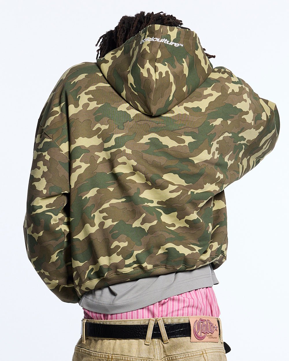 STARS HOODIE CAMO - camo hoodie with star print, back view on male model - Cold Culture