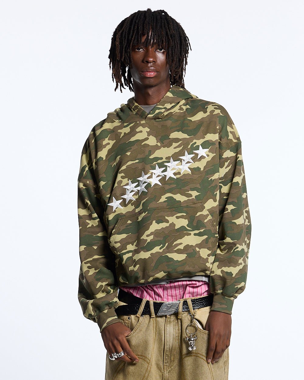STARS HOODIE CAMO - camo hoodie with star print, front view on male model - Cold Culture #man