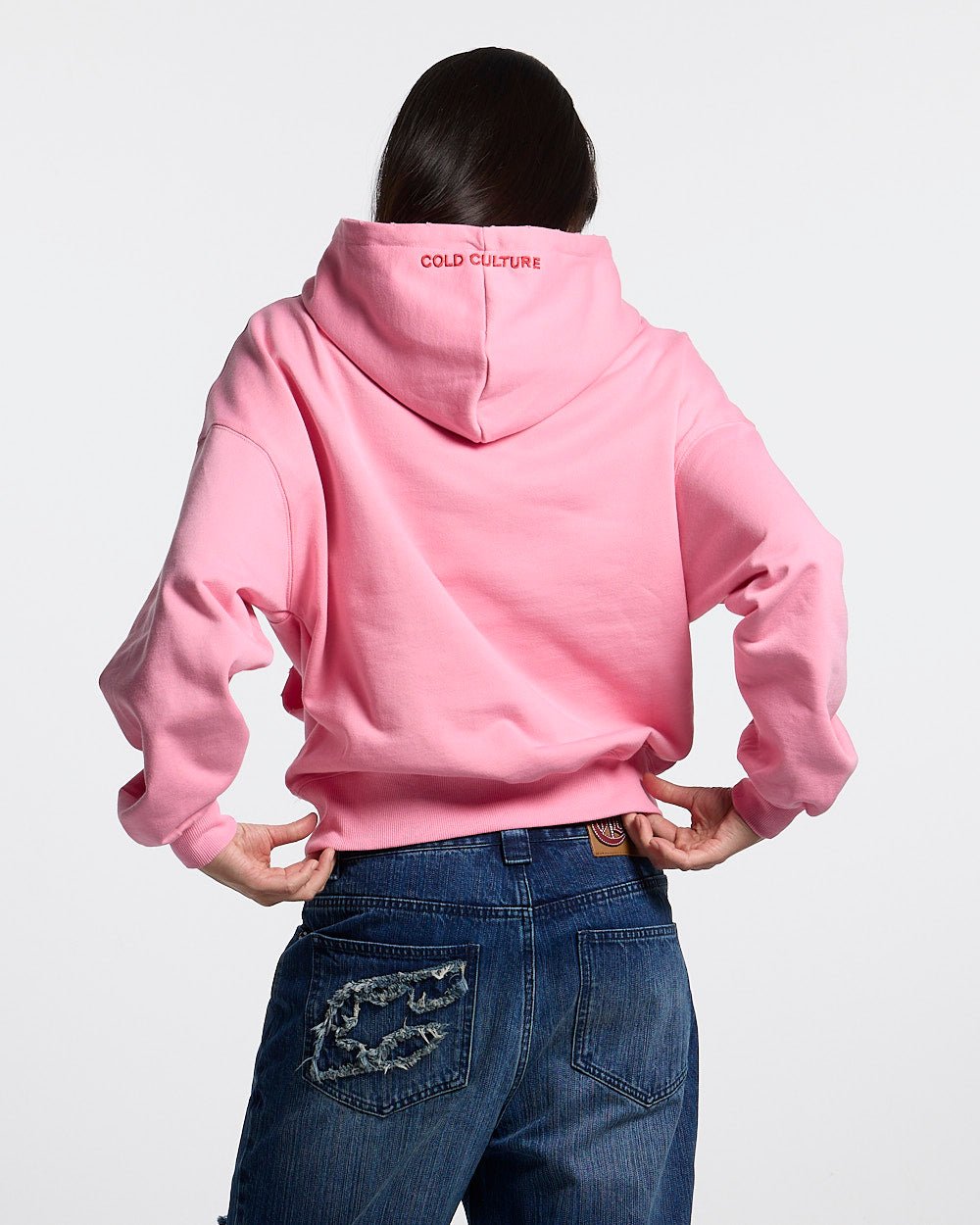 STARS HOODIE PANTHER PINK - pink oversized hoodie, back view on female model - Cold Culture #woman