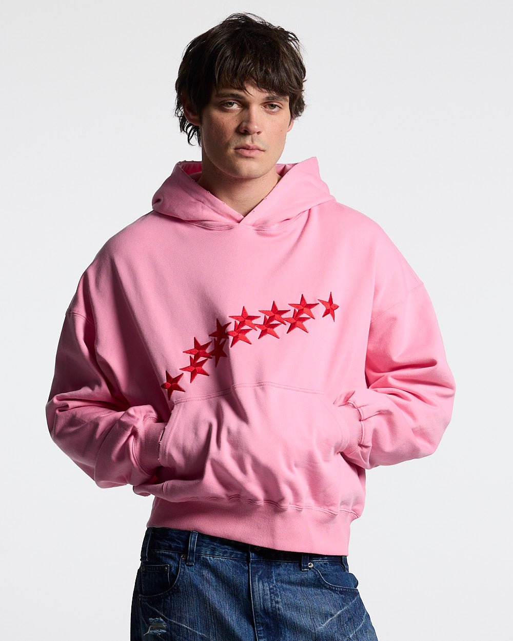 STARS HOODIE PANTHER PINK - pink oversized hoodie, front view on male model - Cold Culture #man
