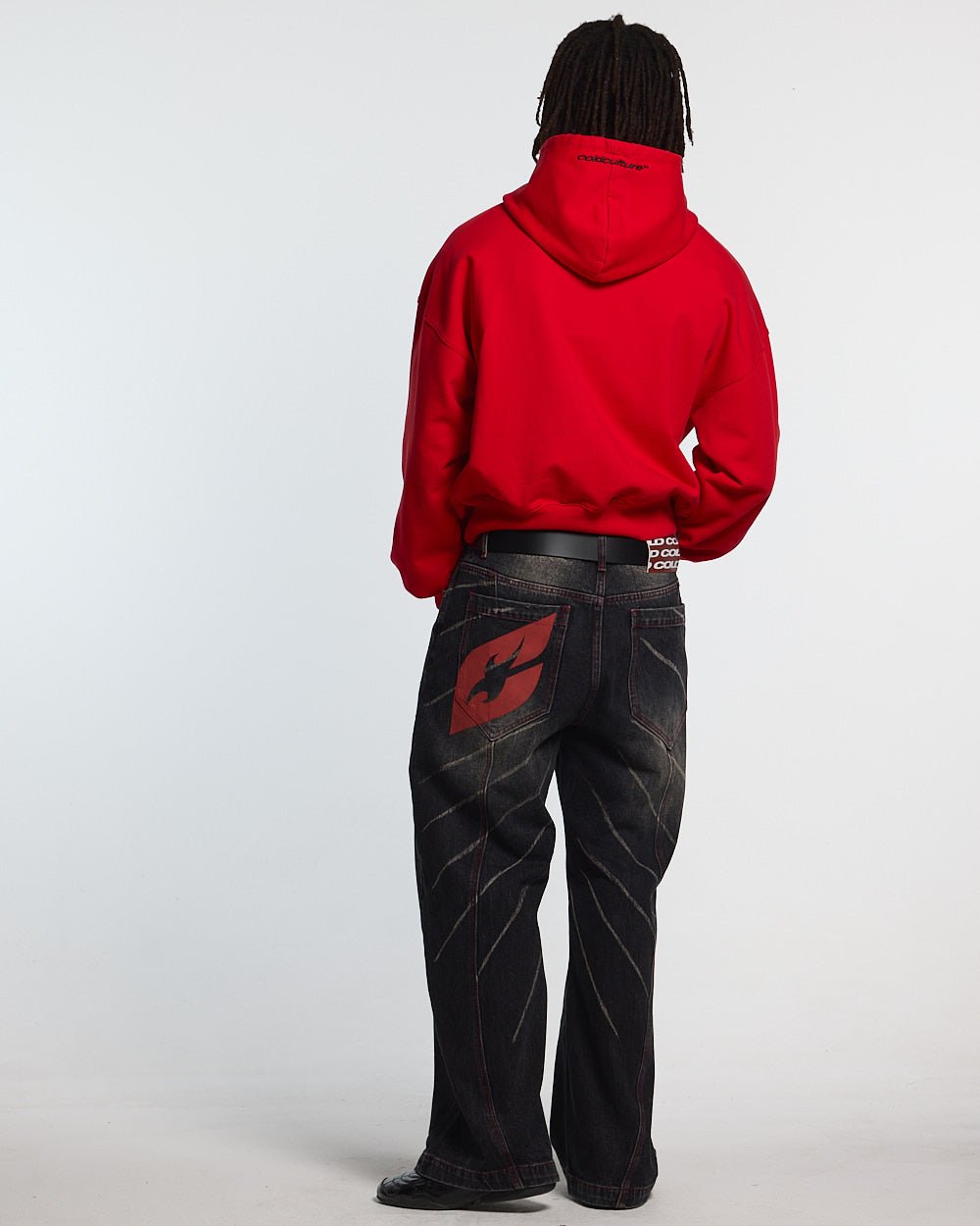 STARS HOODIE RED & BLACK - red star print hoodie, back view on male model - Cold Culture