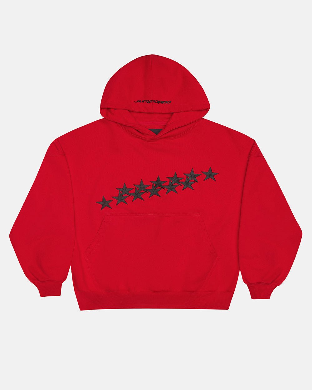 STARS HOODIE RED & BLACK - red star print hoodie, front view - Cold Culture #packshot
