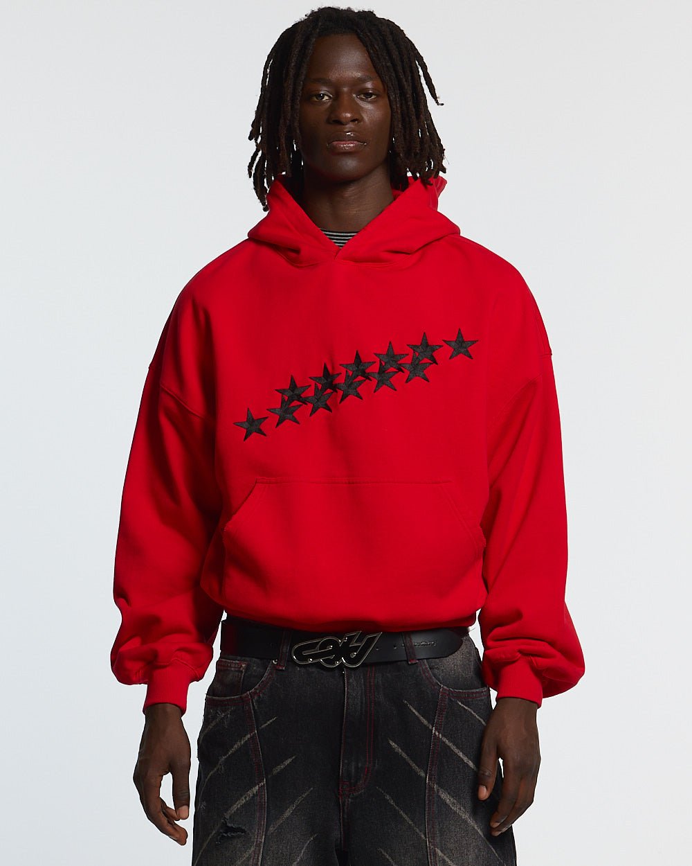 STARS HOODIE RED & BLACK - red star print hoodie, front view on male model - Cold Culture #man