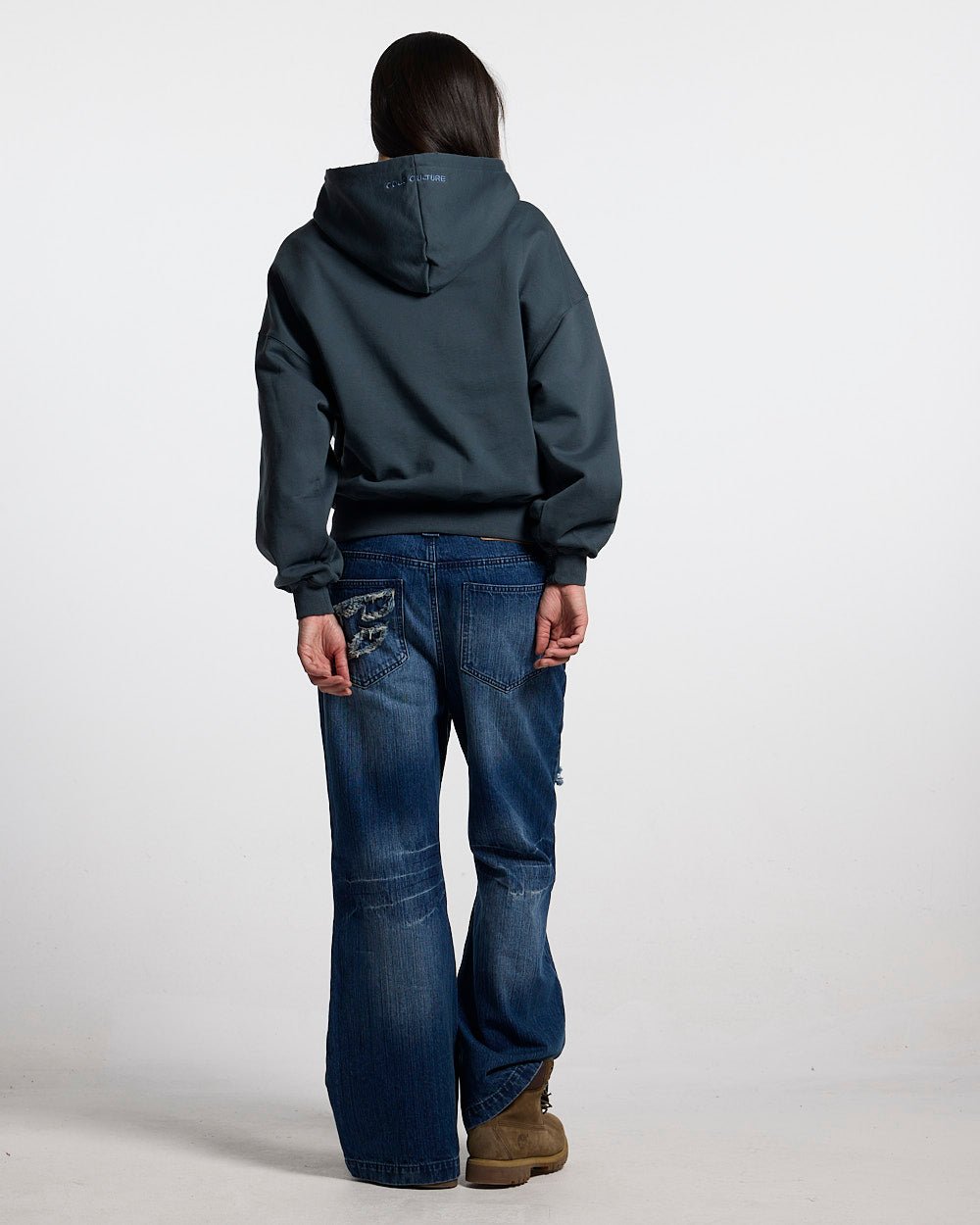 STARS HOODIE SLATE BLUE - slate blue oversized hoodie, back view on female model - Cold Culture #woman