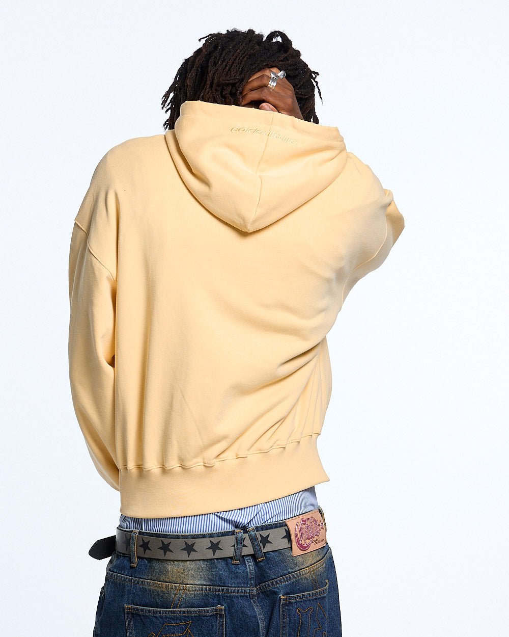 STARS HOODIE YELLOW - light yellow embroidered hoodie, back view on male model - Cold Culture
