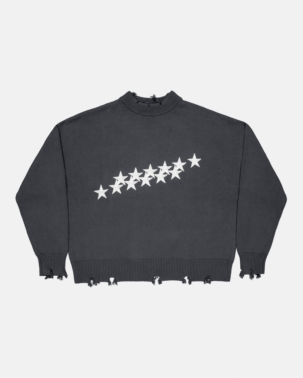 STARS KNIT INDIA INK - charcoal distressed knit sweater, front view - Cold Culture #packshot