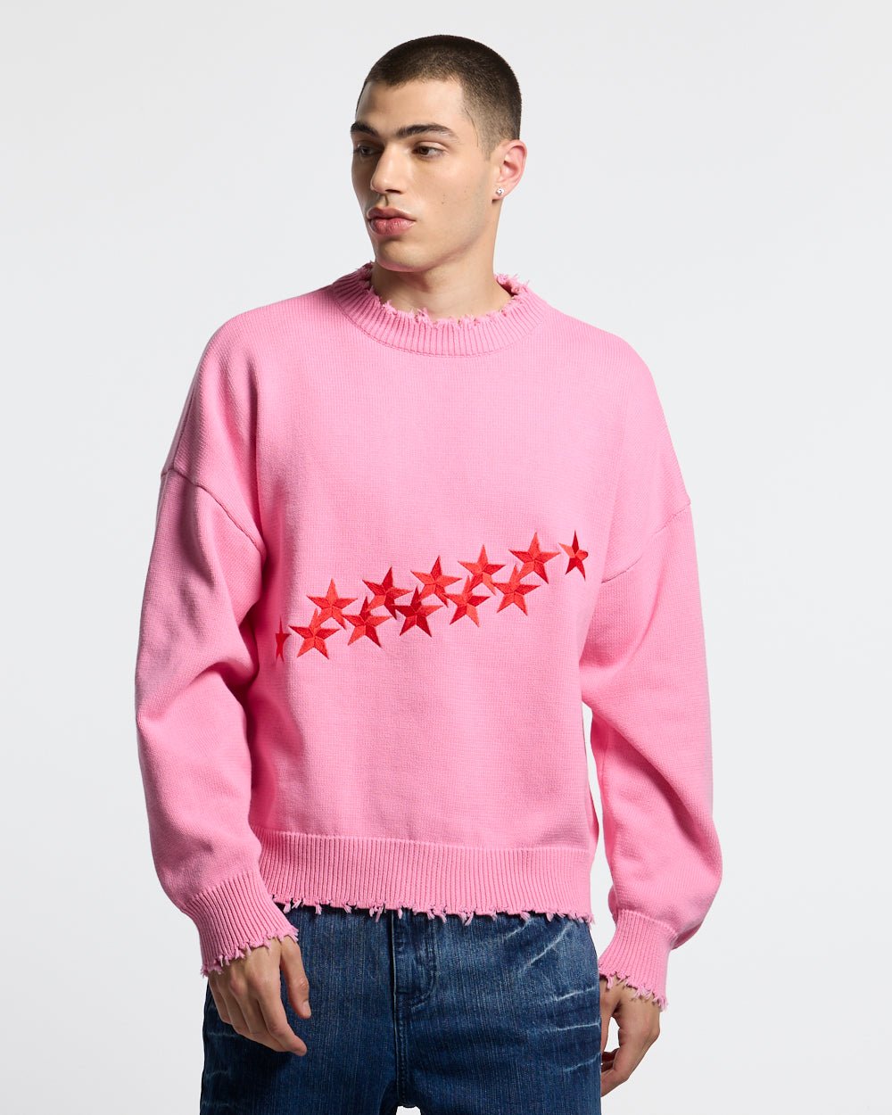 STARS KNIT PINK - pink star print knit sweater, front view on male model - Cold Culture #man