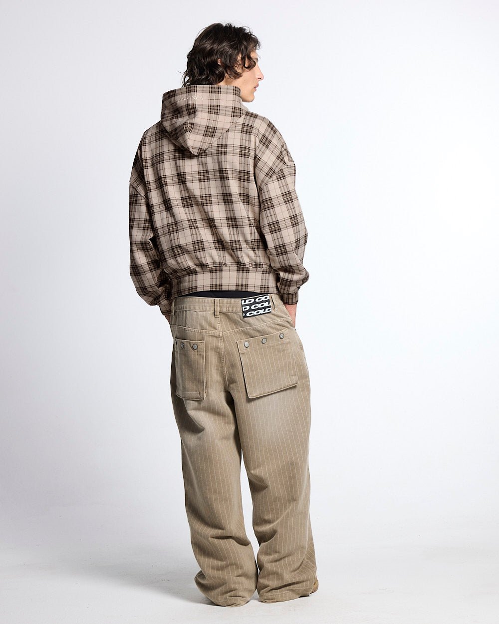STARS TARTAN HOODIE BEIGE - beige tartan hoodie, back view on male model - Cold Culture #man
