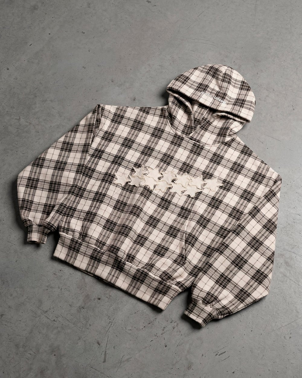 STARS TARTAN HOODIE BEIGE - beige tartan hoodie, flat lay - Cold Culture