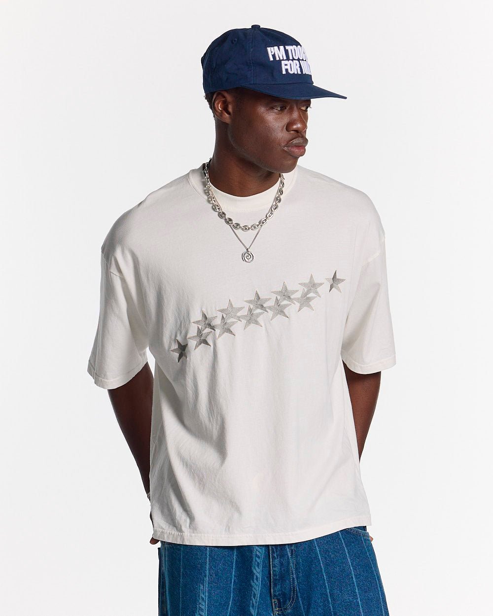 STARS TEE IVORY WHITE - ivory white oversized tee, front view on male model - Cold Culture #man