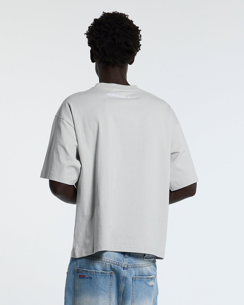 STARS TEE PALE GREY - pale grey oversized tee, back view on male model - Cold Culture #man