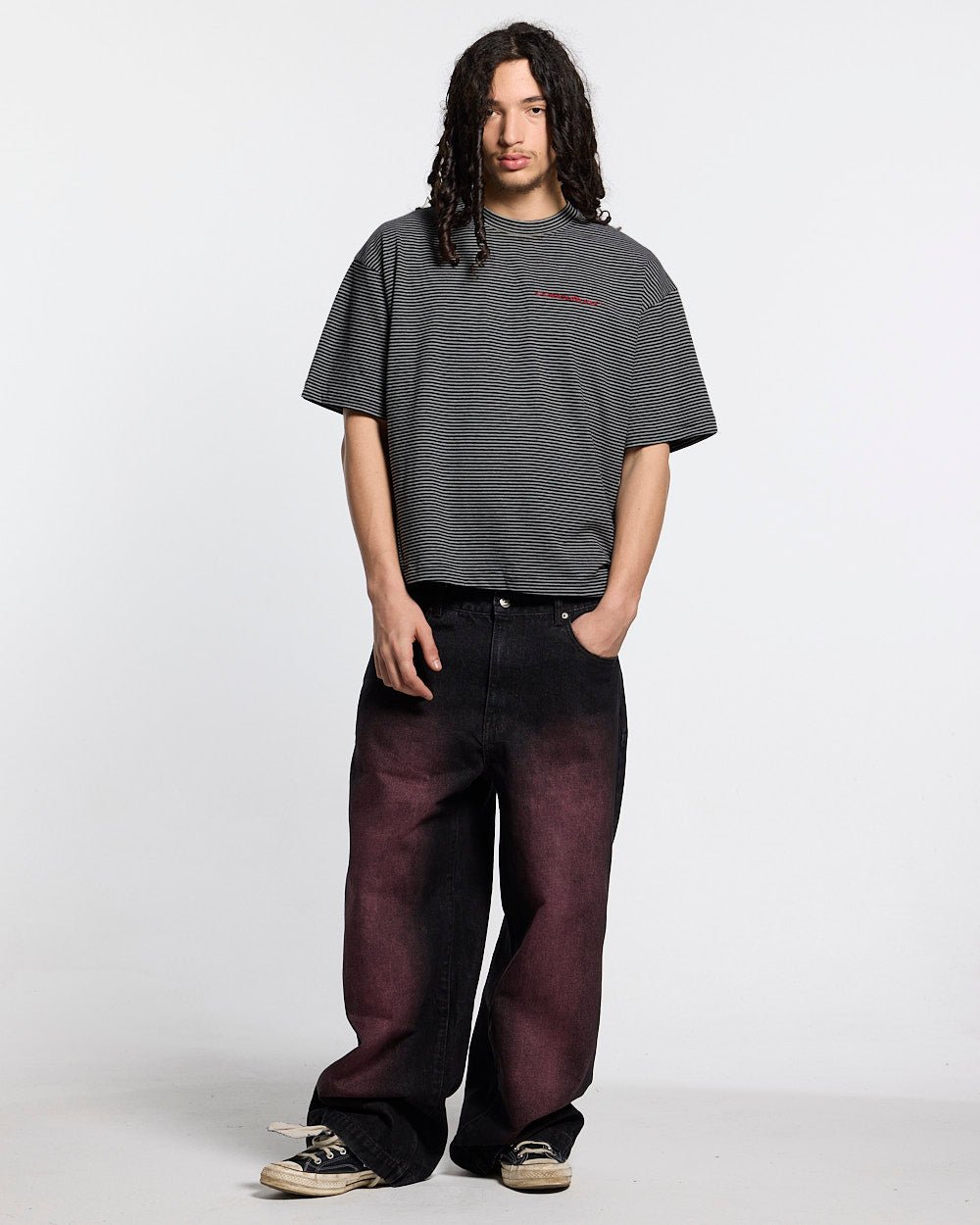 STARS V2 PANTS BURGUNDY - burgundy star embroidered pants, front view on male model - Cold Culture #man