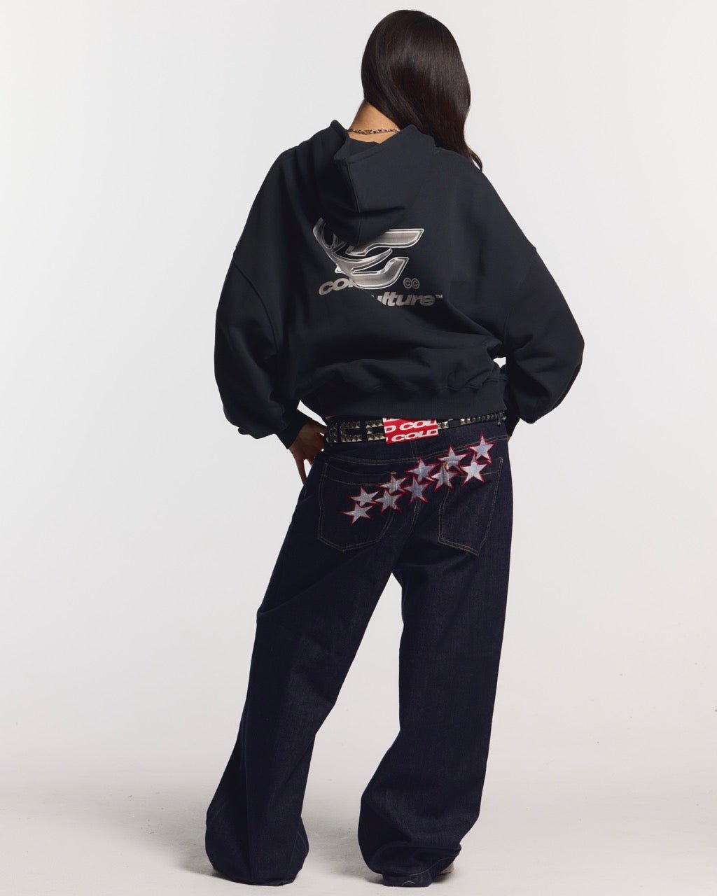 STARS V2 PANTS RAW BLUE DENIM - raw blue denim pants, back view on female model - Cold Culture #woman