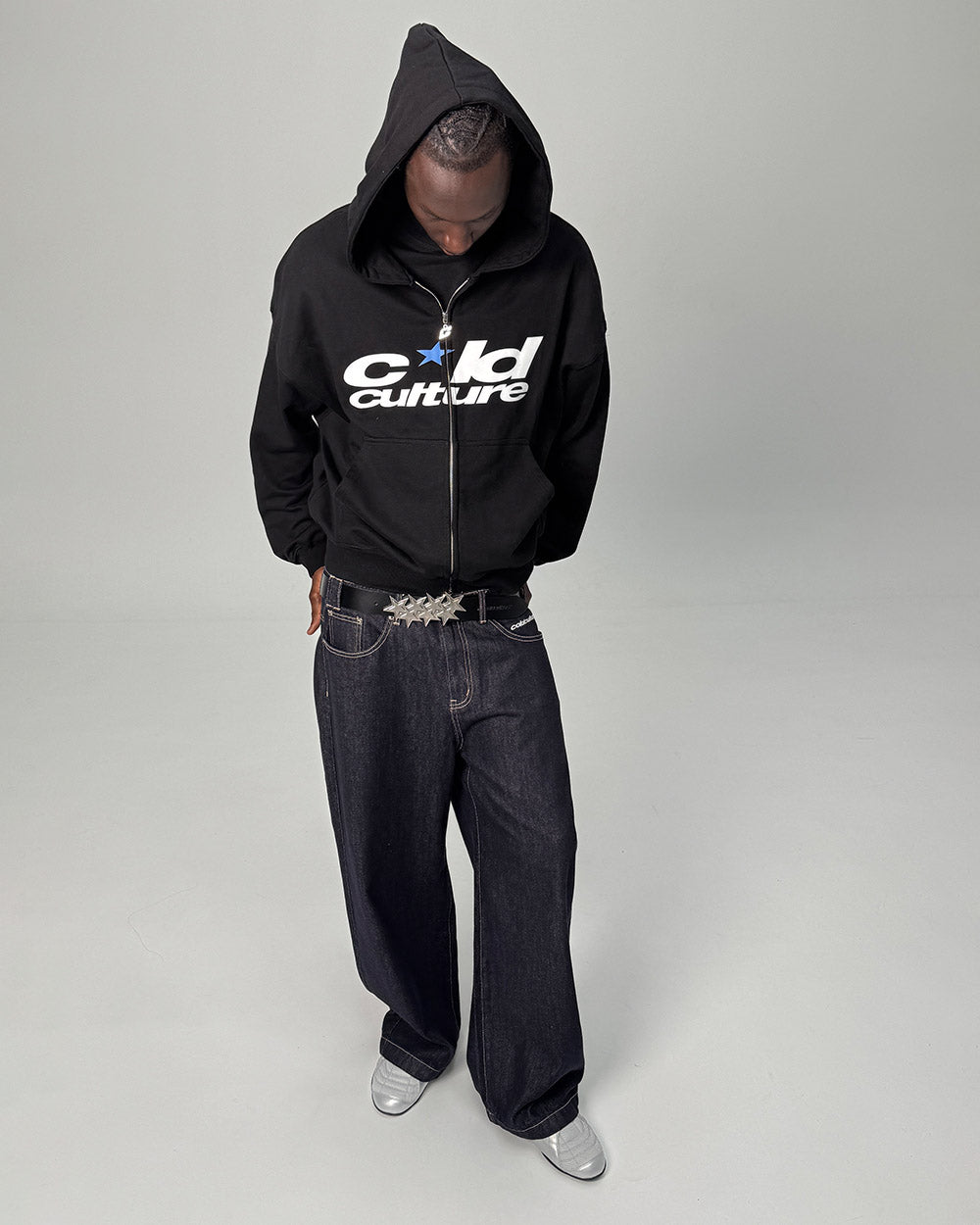 STARS V2 PANTS RAW BLUE DENIM - raw blue denim pants, front view on male model - Cold Culture