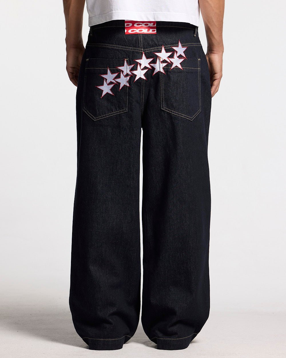 STARS V2 PANTS RAW BLUE DENIM - raw blue denim pants, back view on male model - Cold Culture