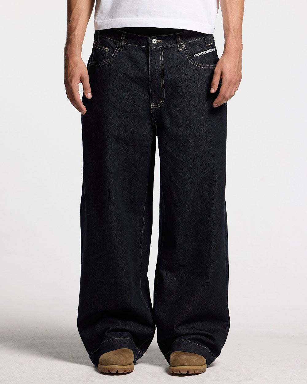 STARS V2 PANTS RAW BLUE DENIM - raw blue denim pants, front view on male model - Cold Culture