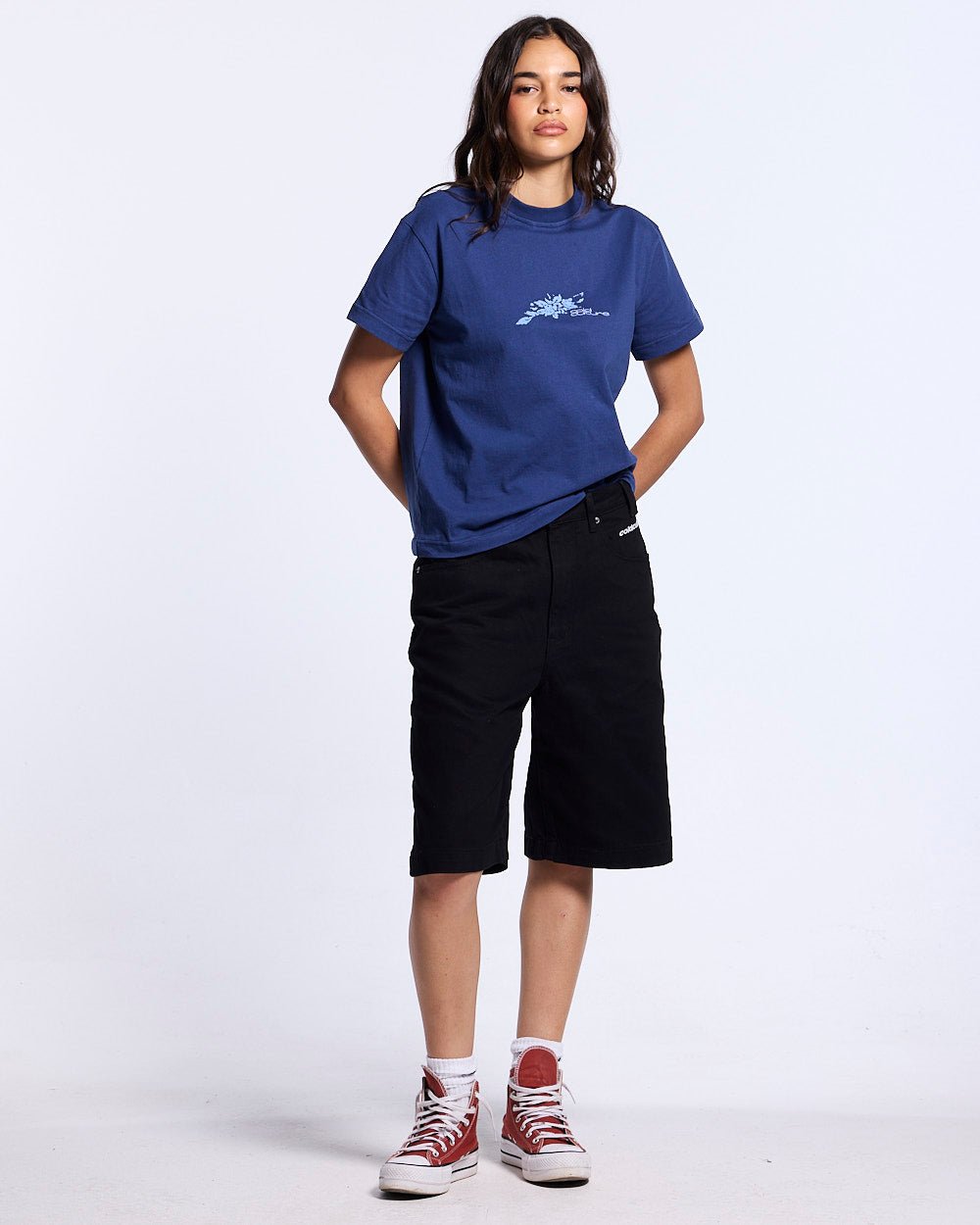 STARS V2 SHORTS BLACK - black baggy denim shorts, front view on female model - Cold Culture #woman