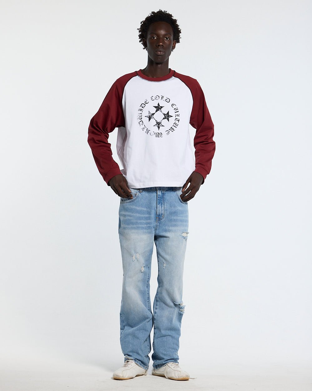STARSHIELD LONGSLEEVE RED - white and red raglan longsleeve tee, front view on male model - Cold Culture #man