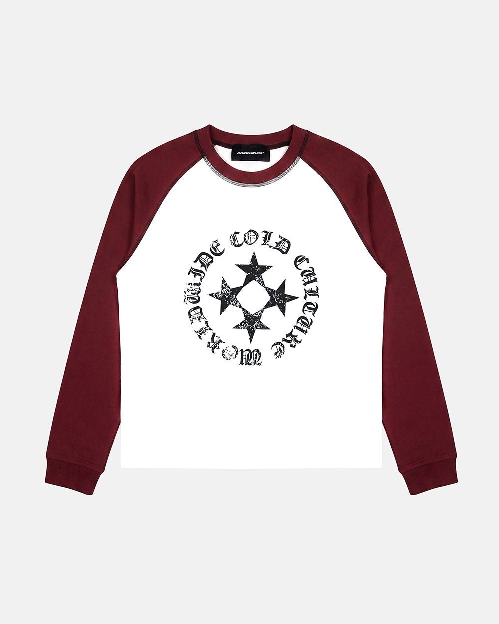 STARSHIELD LONGSLEEVE RED - white and red raglan longsleeve tee, front view - Cold Culture #packshot