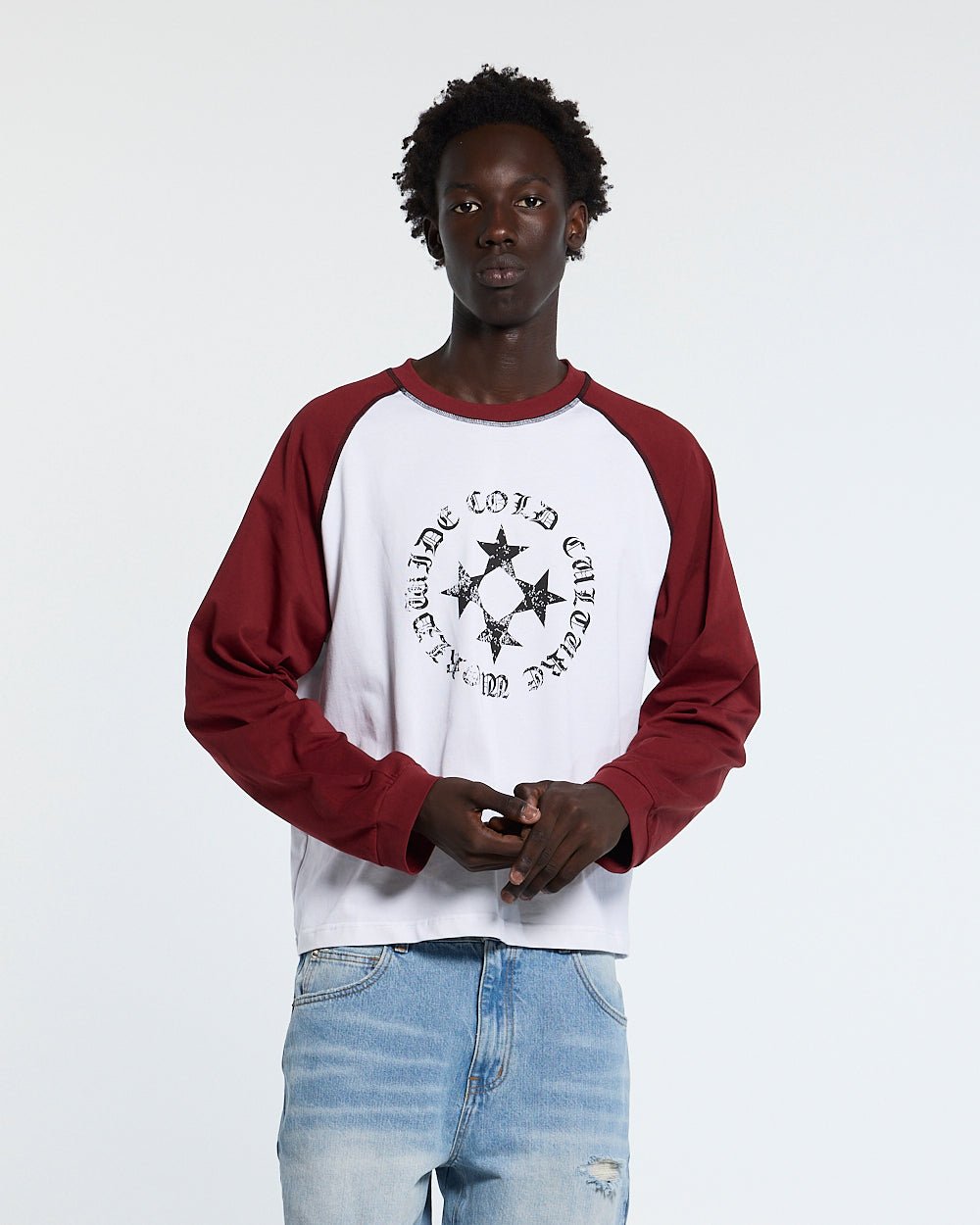 STARSHIELD LONGSLEEVE RED - white and red raglan longsleeve tee, front view on male model - Cold Culture #man