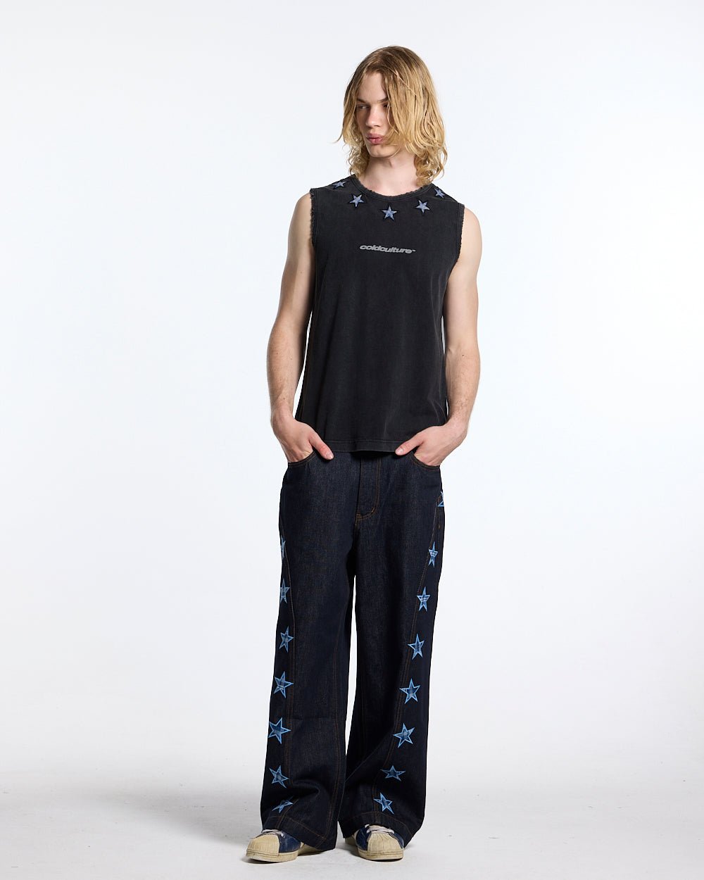 STARSHIP TOP BLACK - washed black sleeveless tee, front view on male model - Cold Culture #man