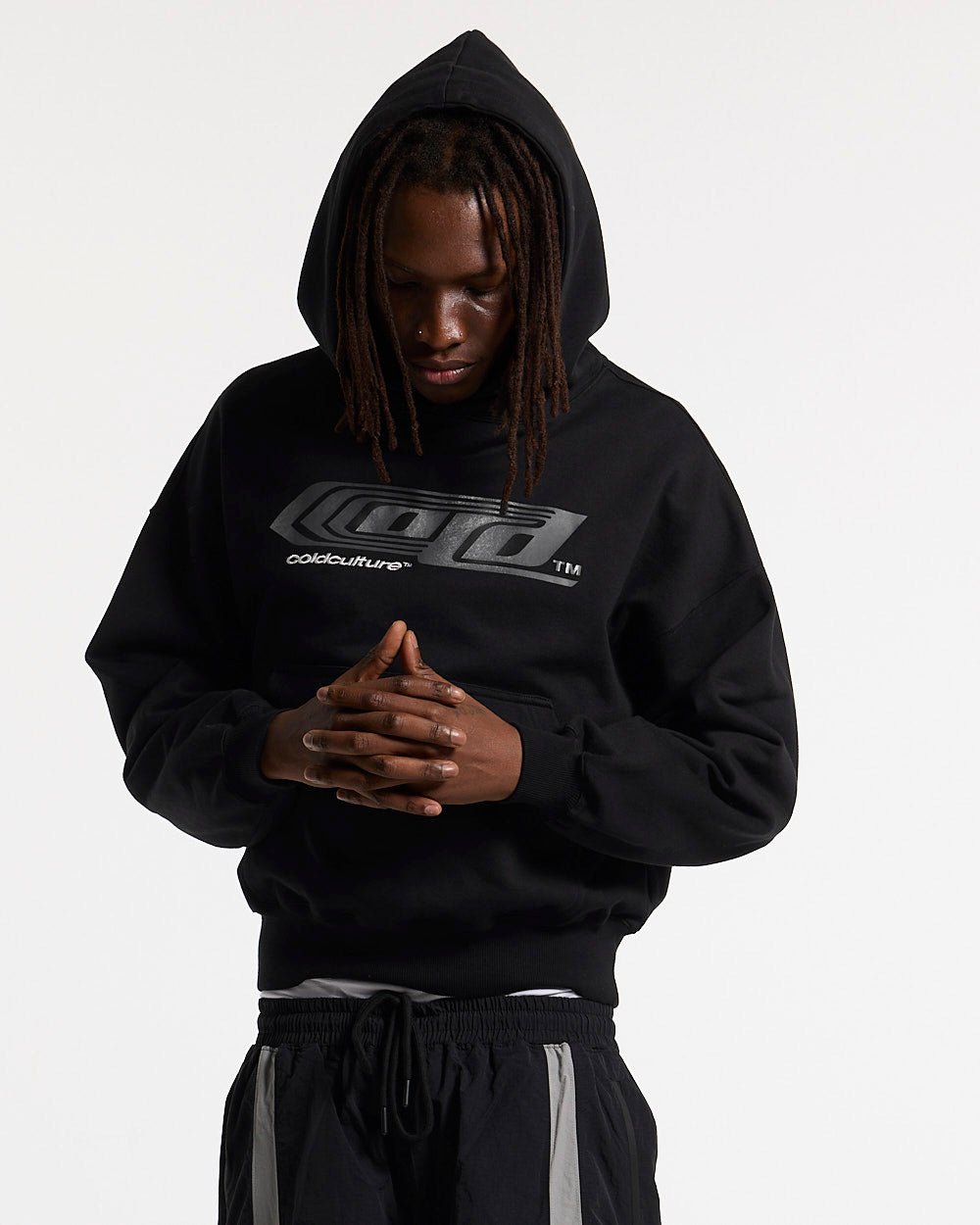 STEEL HOODIE BLACK - black oversized hoodie, front view on male model - Cold Culture #man