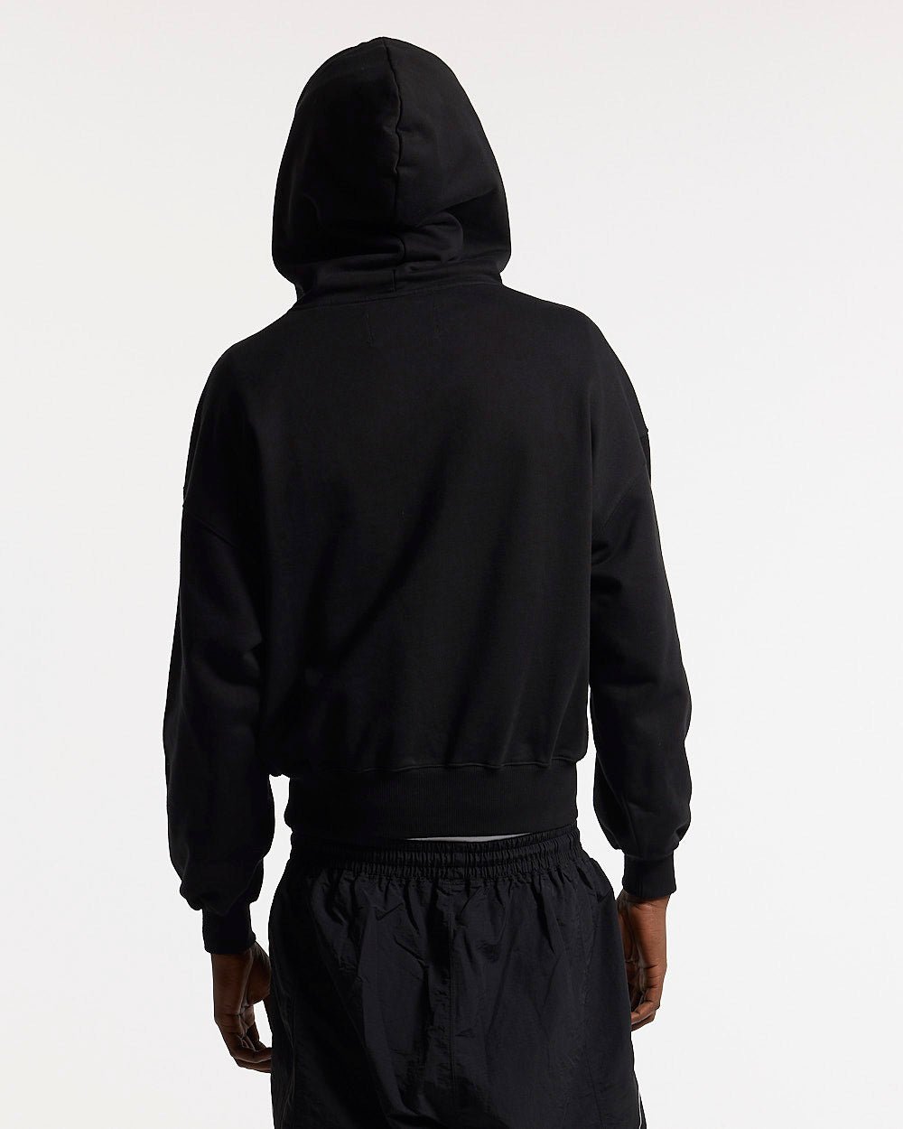 STEEL HOODIE BLACK - black oversized hoodie, back view on male model - Cold Culture