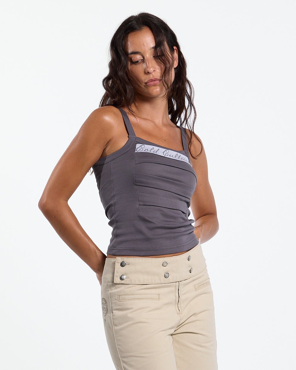 STRAPLINE TANK TOP DARK GREY - dark grey pleated tank top, front view on female model - Cold Culture #woman