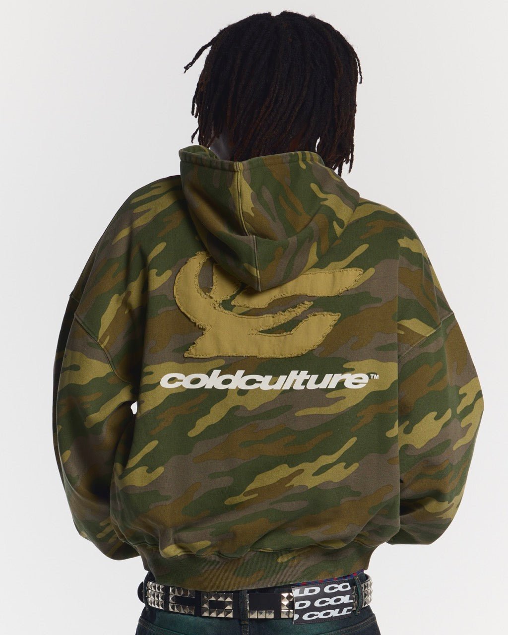 STRASS CAMO HOODIE - green camo hoodie, back view on male model - Cold Culture