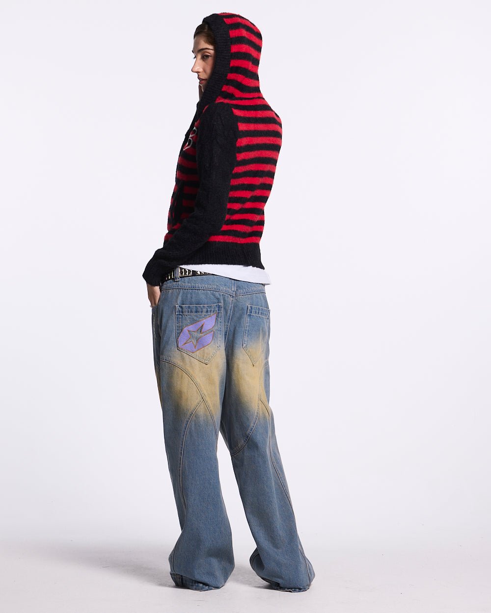 STRIPE ZIP KNIT RED & BLACK - red and black striped knit sweater, side view - Cold Culture #woman