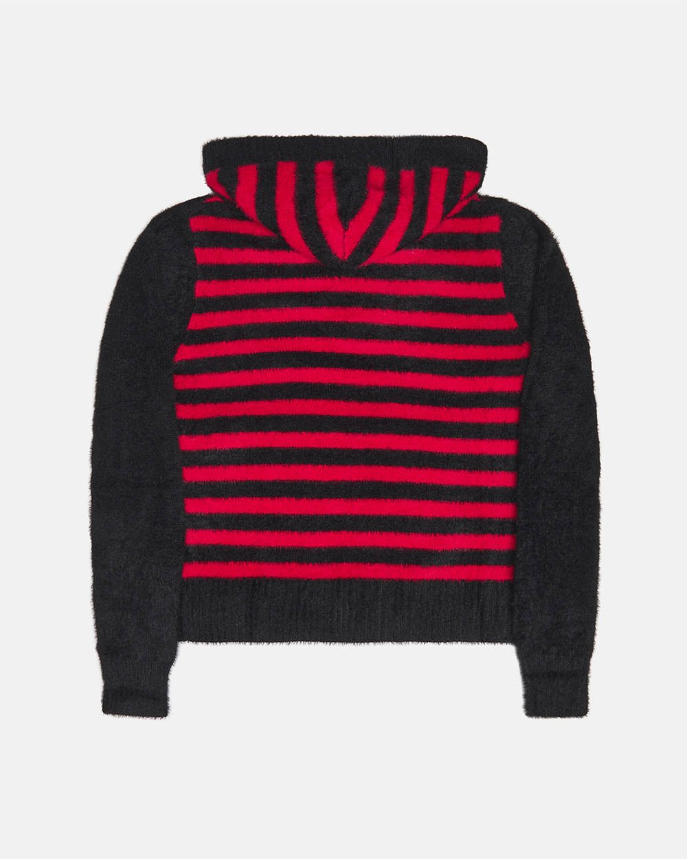 STRIPE ZIP KNIT RED & BLACK - red and black striped knit sweater, back view - Cold Culture #packshot