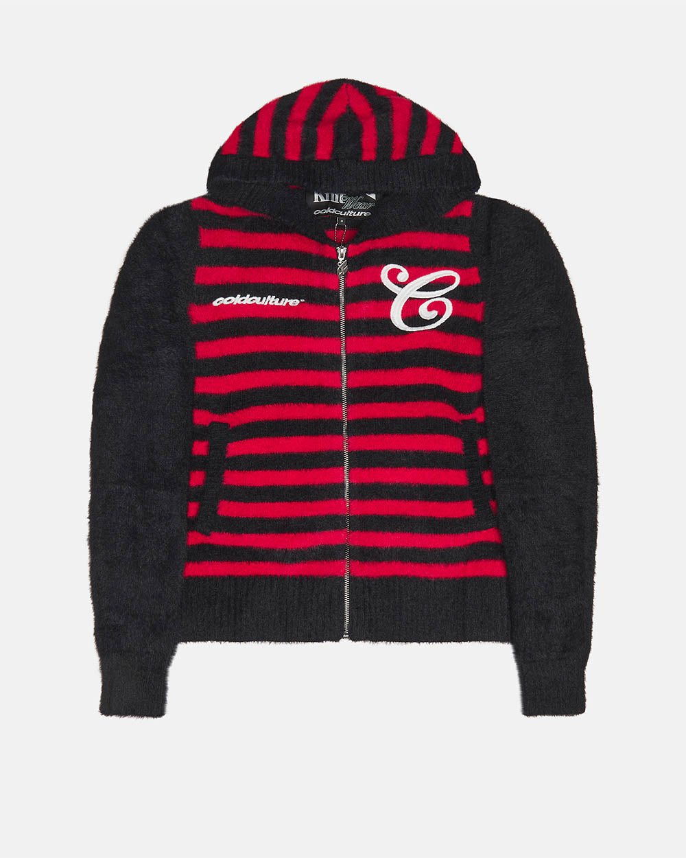 STRIPE ZIP KNIT RED & BLACK - red and black striped knit sweater, front view - Cold Culture #packshot