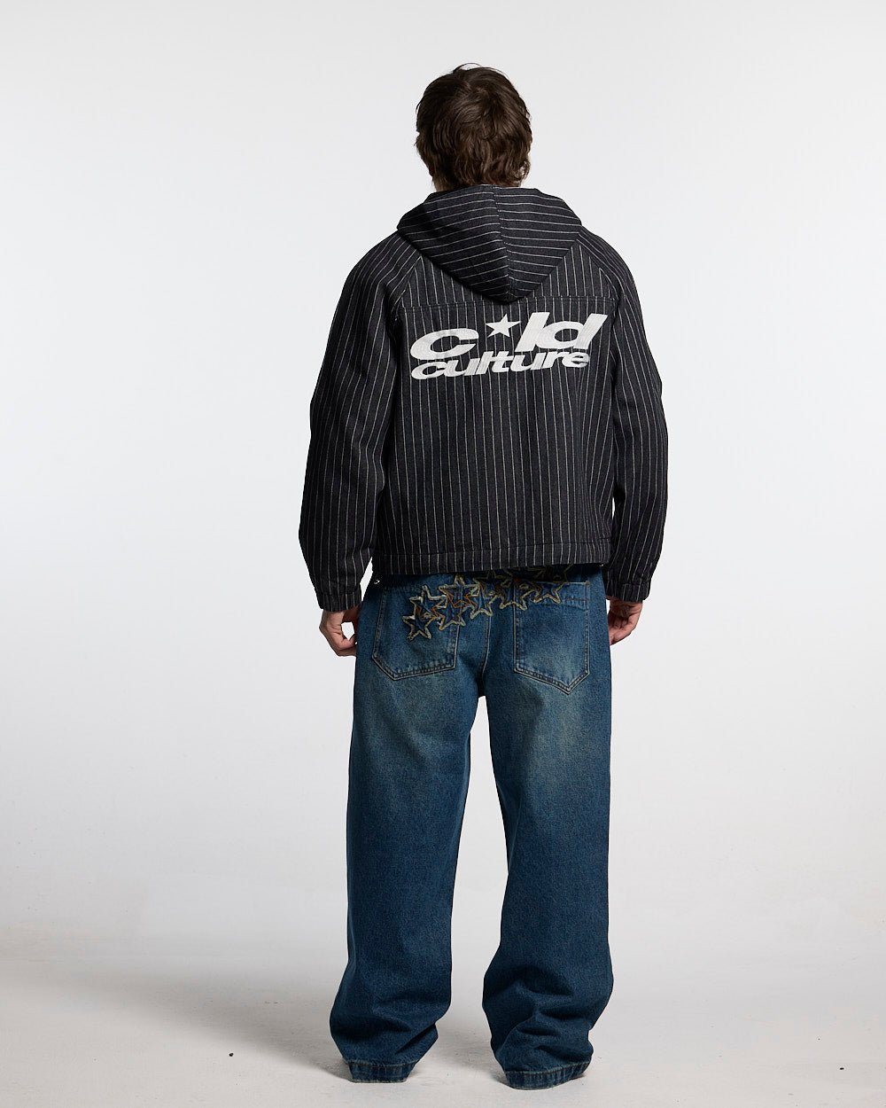 STRIPES CASINO JACKET NAVY - navy pinstripe hooded jacket, back view on male model - Cold Culture
