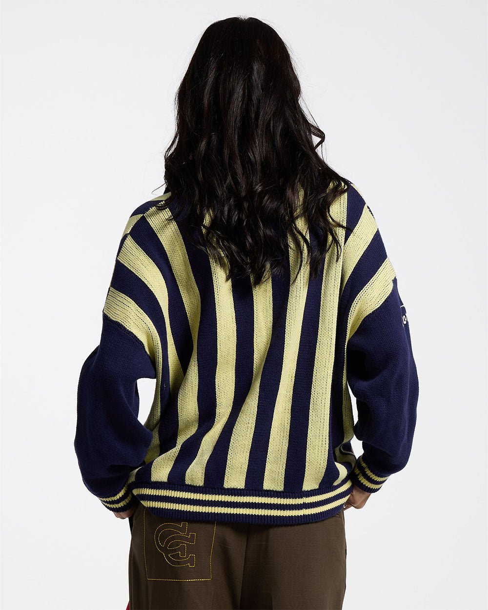 STRUCTURE COLLAR SWEATSHIRT KNIT BLUE/YELLOW - navy and yellow striped knit sweater, back view on female model - Cold Culture #woman