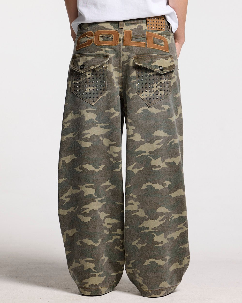 STUDS PANTS CAMO - camo studded pants, back view - Cold Culture