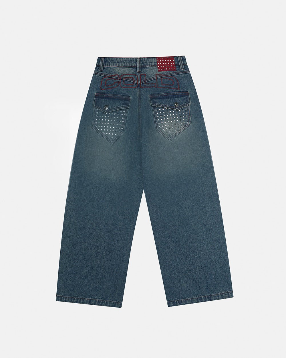 STUDS PANTS LIGHT BLUE DENIM - washed blue studded denim pants, back view - Cold Culture #packshot