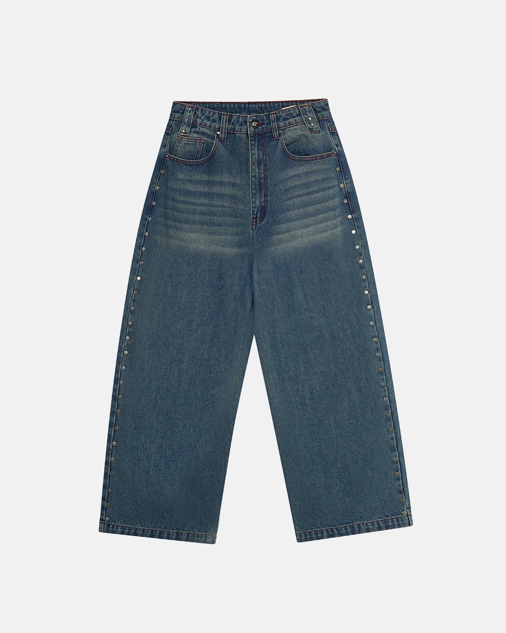 STUDS PANTS LIGHT BLUE DENIM - washed blue studded denim pants, front view - Cold Culture #packshot