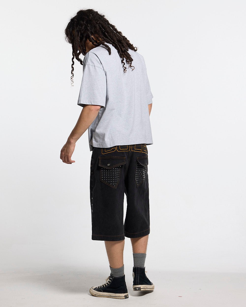 STUDS SHORT BLACK - black studded denim shorts, side view - Cold Culture #man