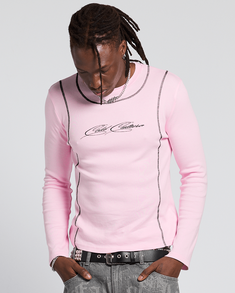 SURVIVOR LONGSLEEVE PINK - pink contrast stitch longsleeve tee, front view on male model - Cold Culture #man