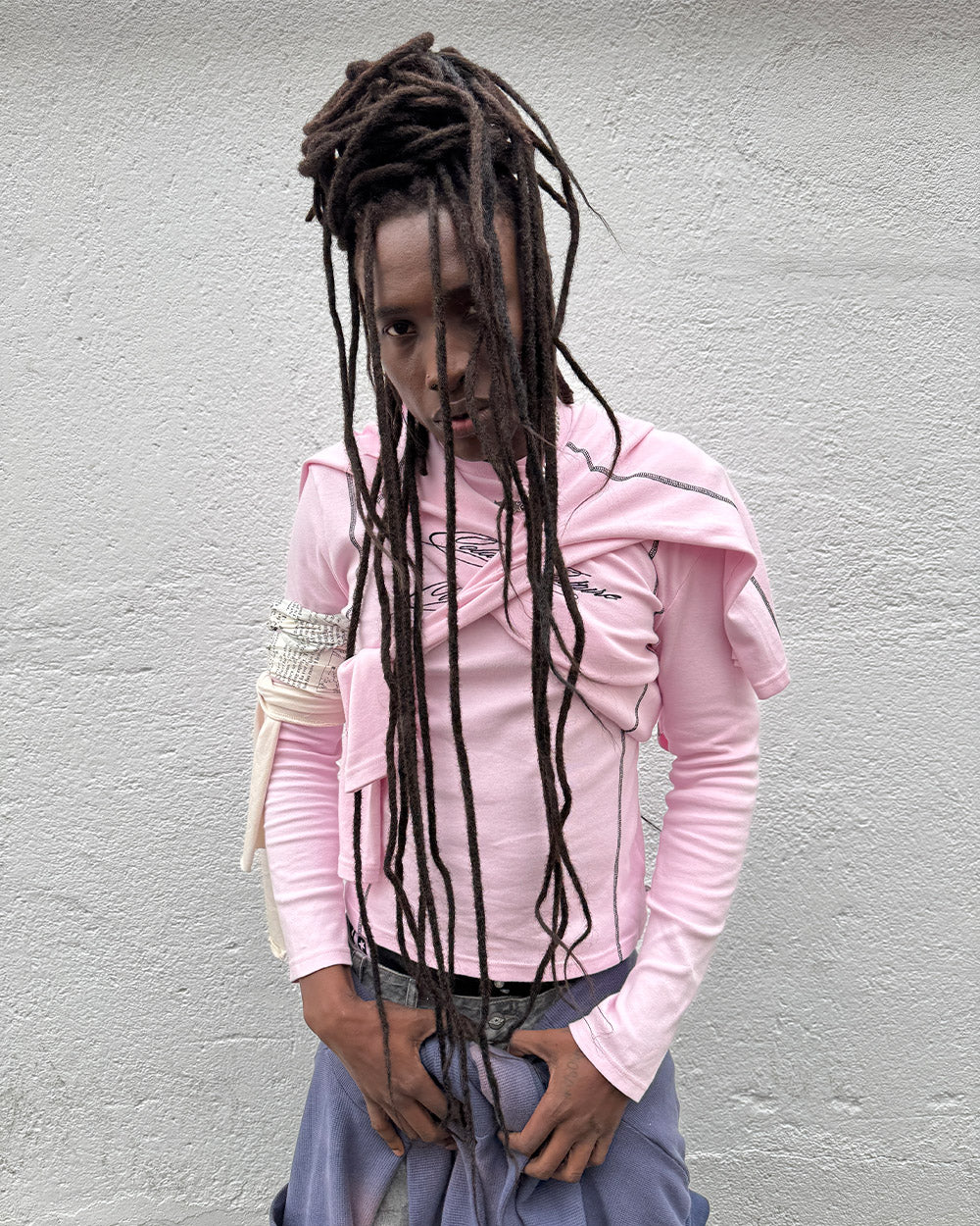 SURVIVOR LONGSLEEVE PINK - pink contrast stitch longsleeve tee, street style shot - Cold Culture