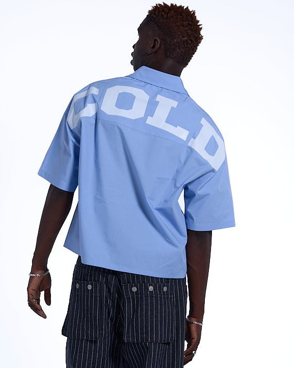 SWEDEN SHIRT BABY BLUE - baby blue short sleeve shirt, back view on male model - Cold Culture #man